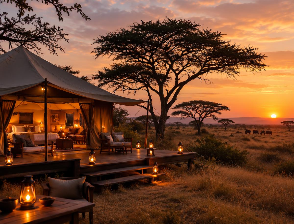 Luxury safari tented camp at dusk