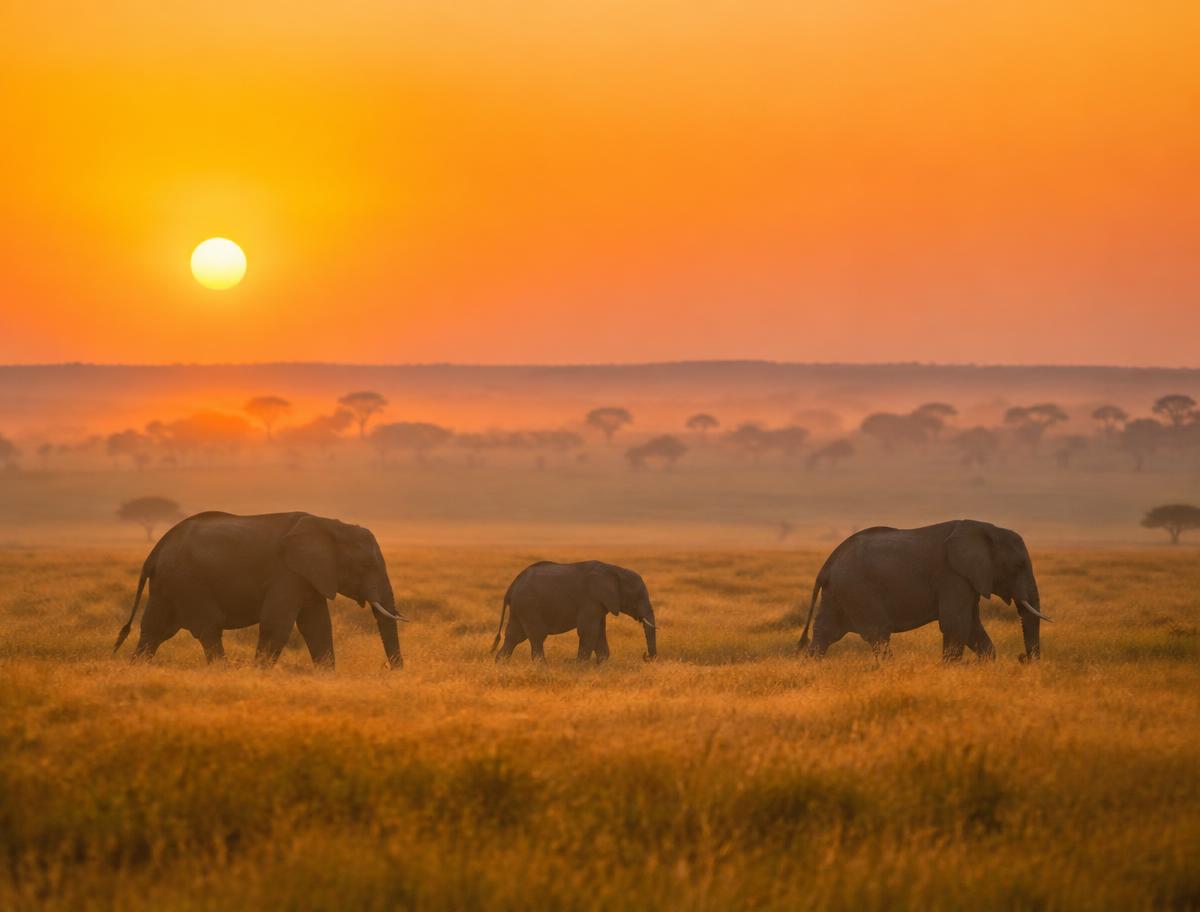 Elephants crossing golden grassland at sunrise