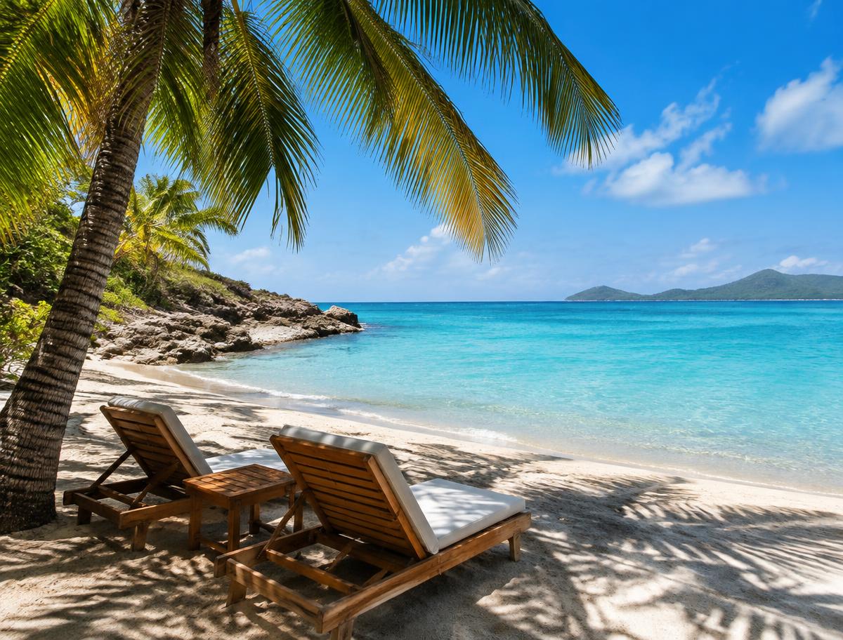 Secluded Caribbean beach with loungers under palms