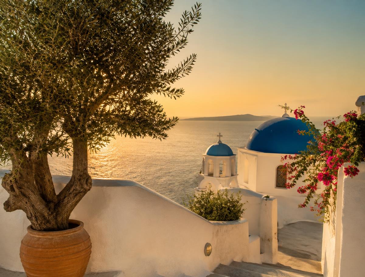 Whitewashed Mediterranean terrace at golden hour