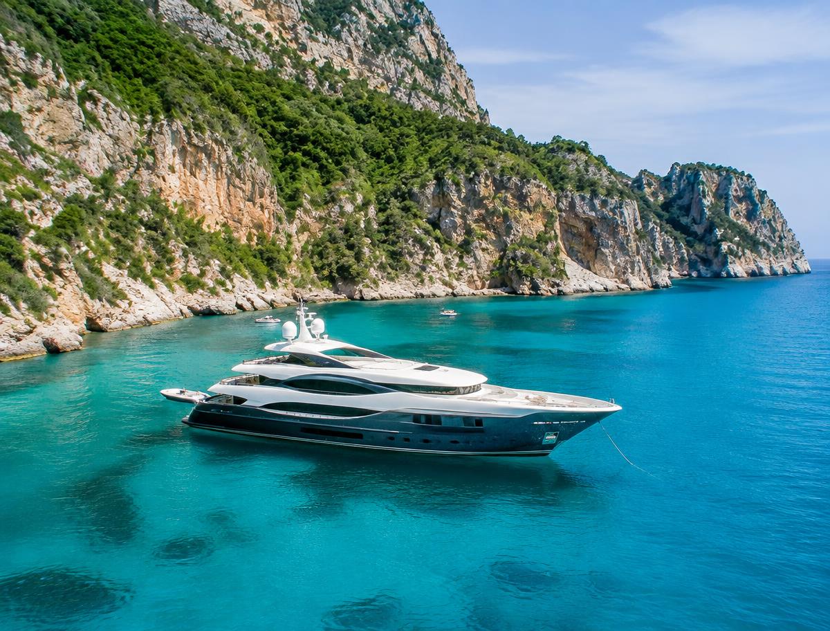 Private yacht anchored in a turquoise cove